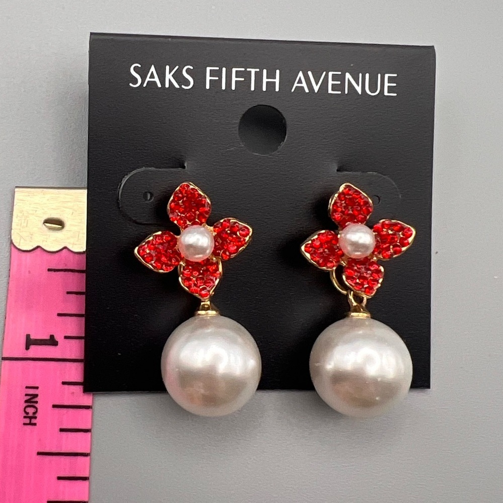Saks Fifth Avenue Red and Gold flower with Pearl Drop Earrings - Picture 4 of 5